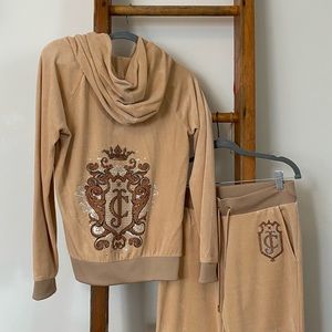 Early to mid 2000 camel colored Juicy Couture jumpsuit, bottoms are a joggers